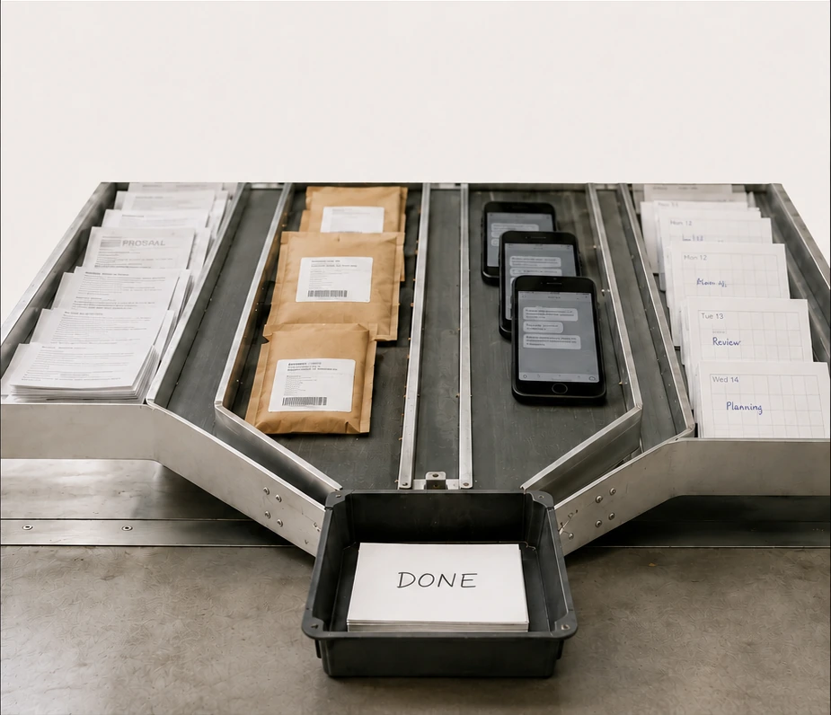 Four sorting lanes carrying proposals, packages, phones and planning cards into a single tray marked DONE