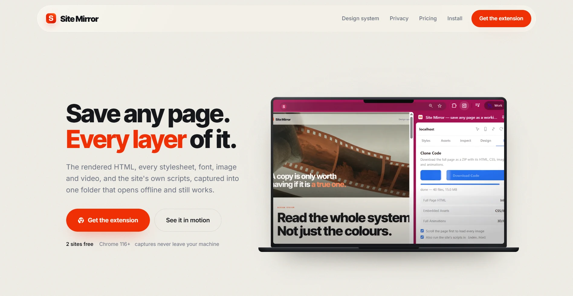 The Site Mirror landing page: save any page, every layer of it, beside a laptop showing the capture panel mid clone