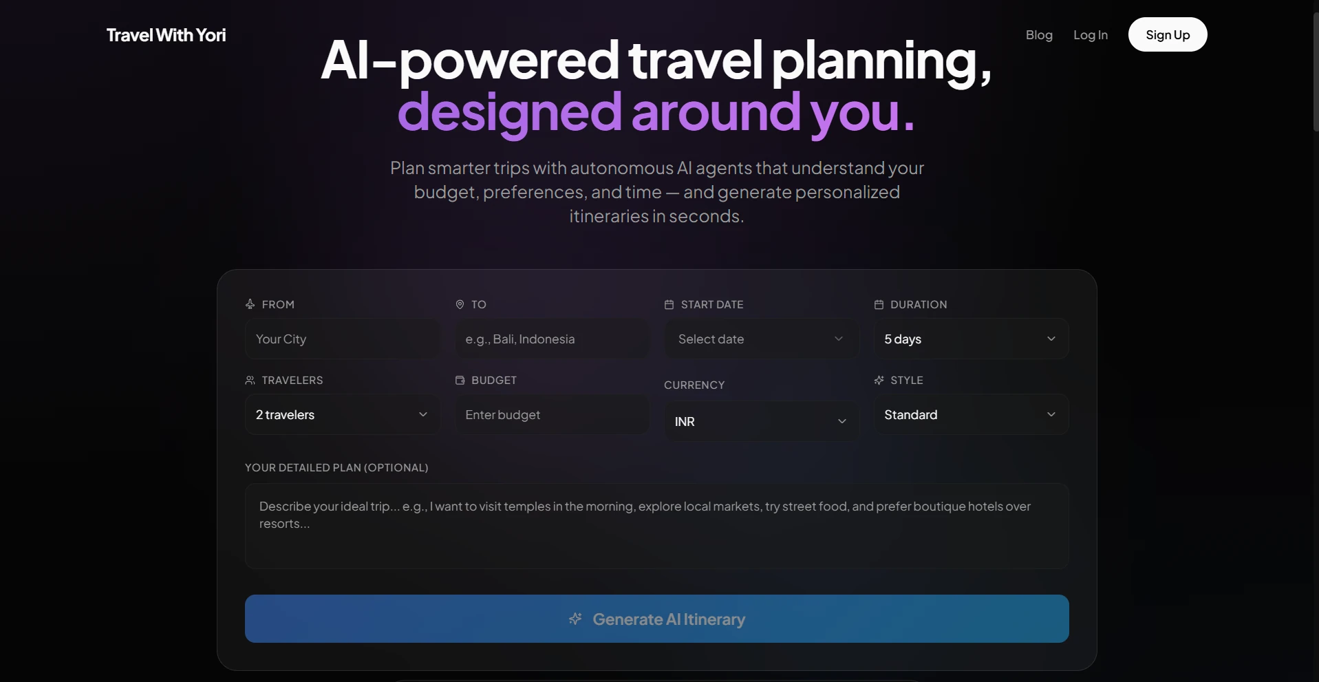 The YoriTrip planner: from, to, dates, travellers, budget and style, above a free-text brief and a Generate AI Itinerary button