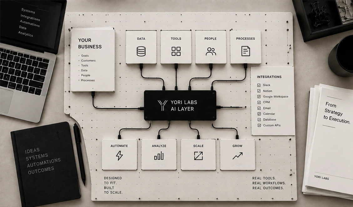 A desk photographed from above: a pegboard wiring Your Business, Data, Tools, People and Processes into a black Yori Labs AI Layer unit, which routes out to Automate, Analyze, Scale and Grow, with an integrations checklist for Slack, Notion, Google Workspace, CRM, email, calendar, database and custom APIs